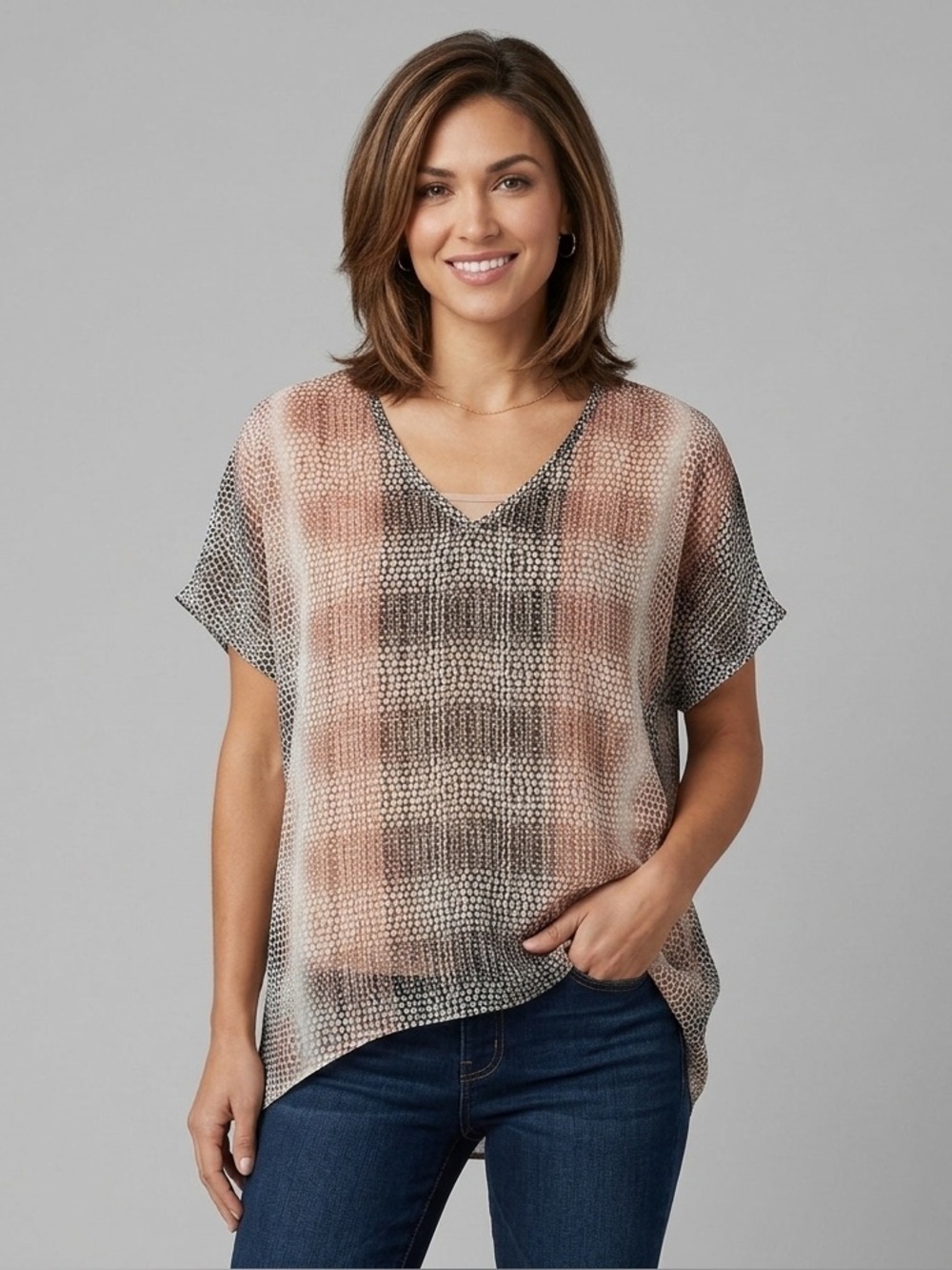 Cabi S Women's Brown Black Ombre Dot Animal Print Oversized Top Blouse Boho Sz S